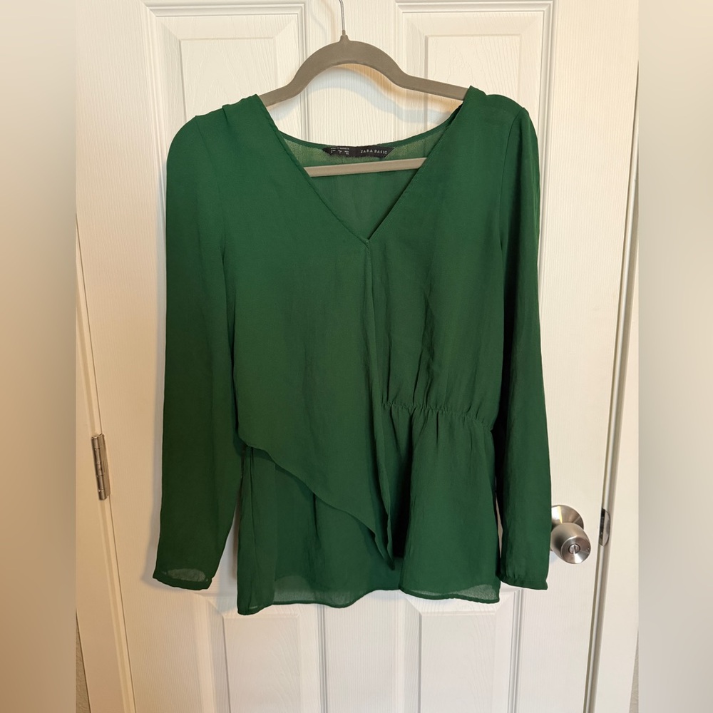 Zara Basic Green Flowy Blouse Size S V-Neck Feminine Minimal